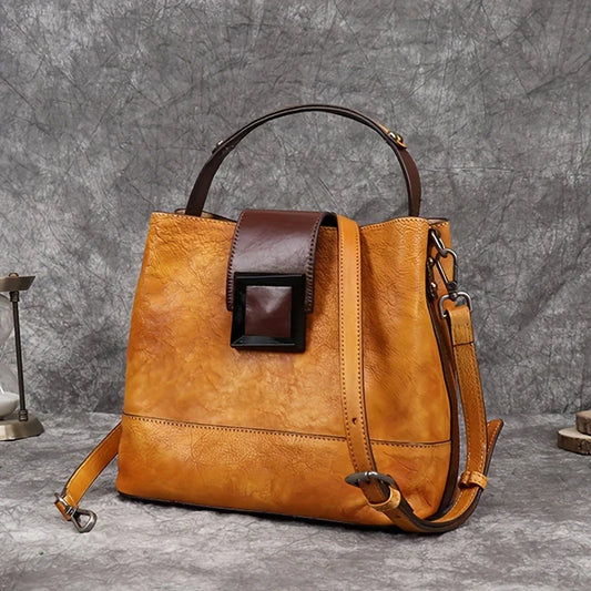 Vintage-style Solid Color Genuine Leather Crossbody Bag